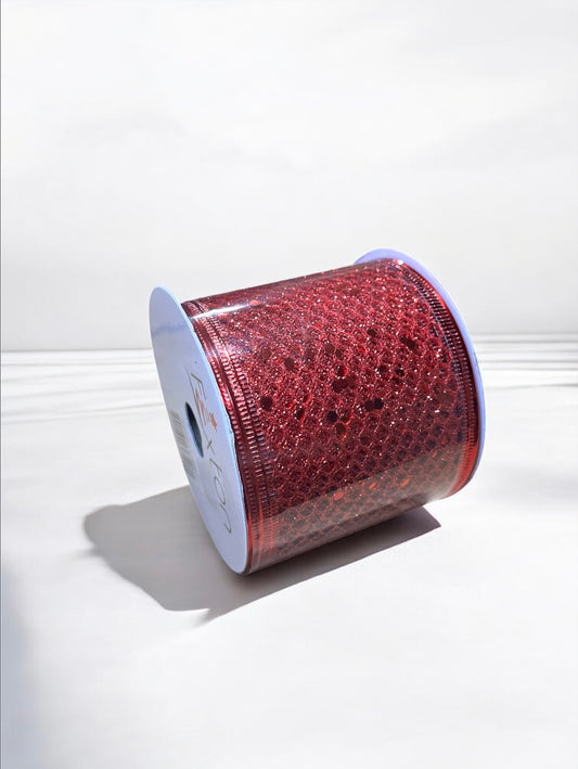 Cinta navideña alambrada roja con grabado perforado 6.5cm x 9.15m (TCH01599R)