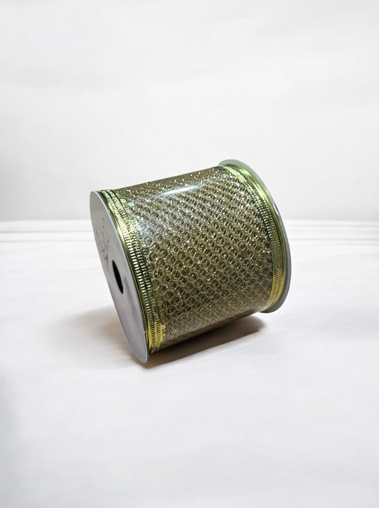 Cinta navideña alambrada dorada con grabado perforado 6.5cm x 9.15m (TCH01599G)