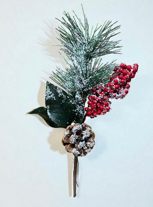 Pin berry nevado con ramas de pino, hojas y piña 20cm (FLX01133R) 483