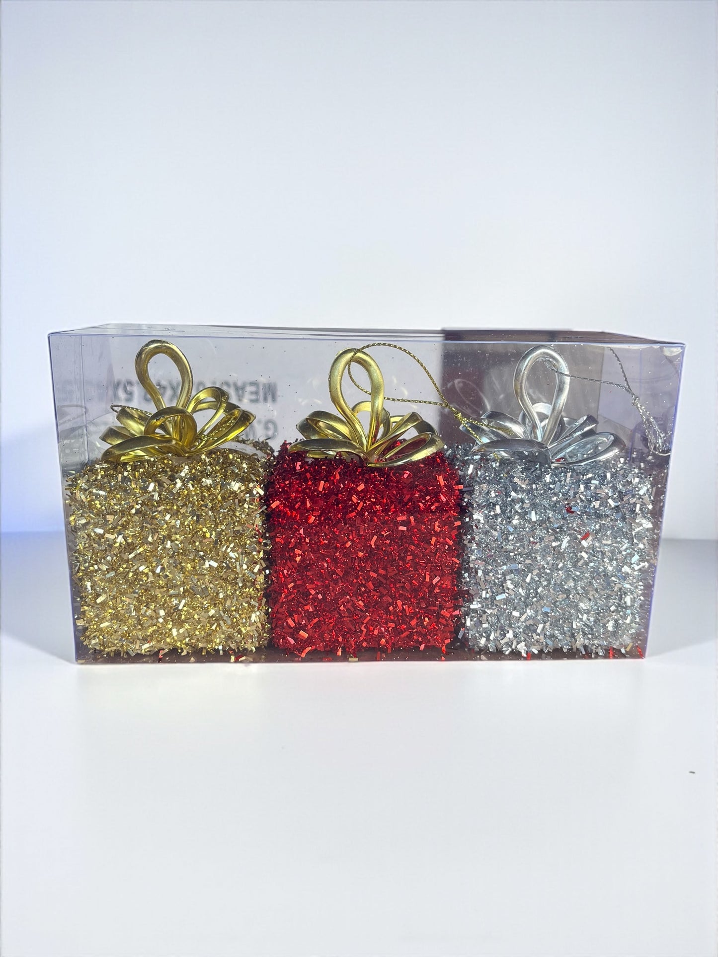 Set de 3 regalos colgantes rojo, dorado y plateado 10cm x 6cm (S3395)