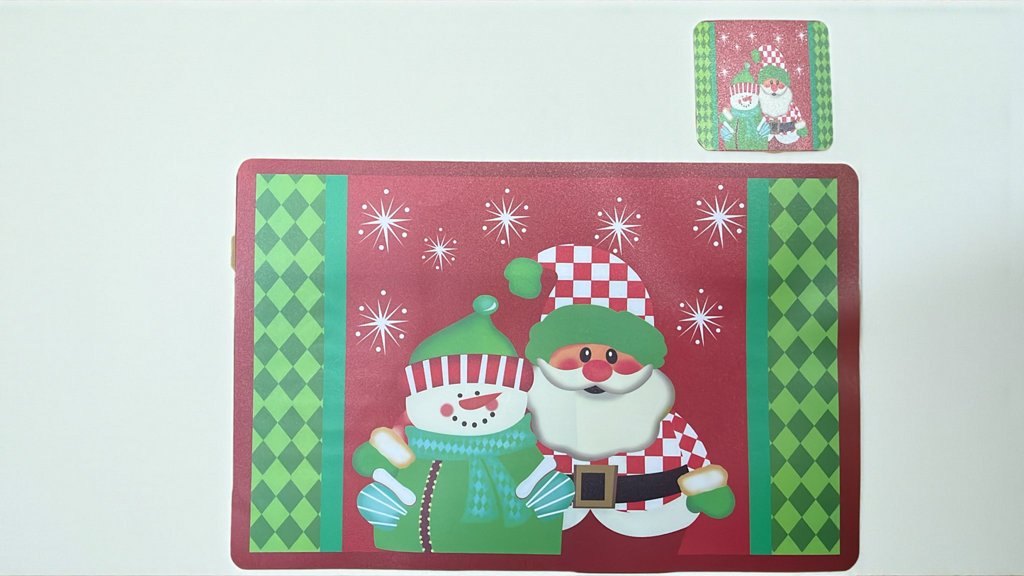 Set de individuales navideños para mesa, 6 posavasos 10cm y 6 zonas de plato 43cm x 28cm hechos en vinilo (I071)
