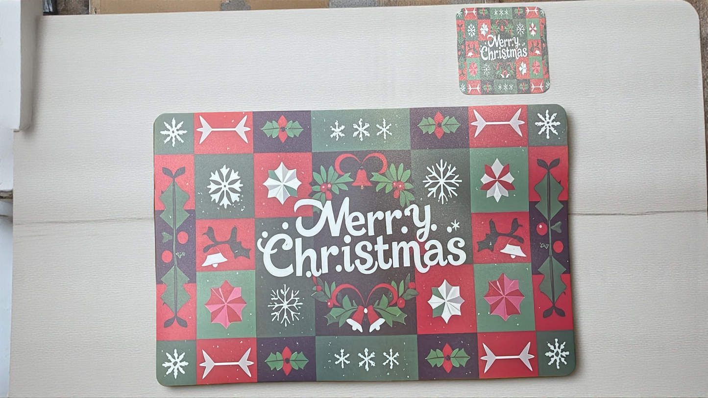 Set de individuales navideños para mesa, 6 posavasos 10cm y 6 zonas de plato 43cm x 28cm hechos en vinilo (I071)