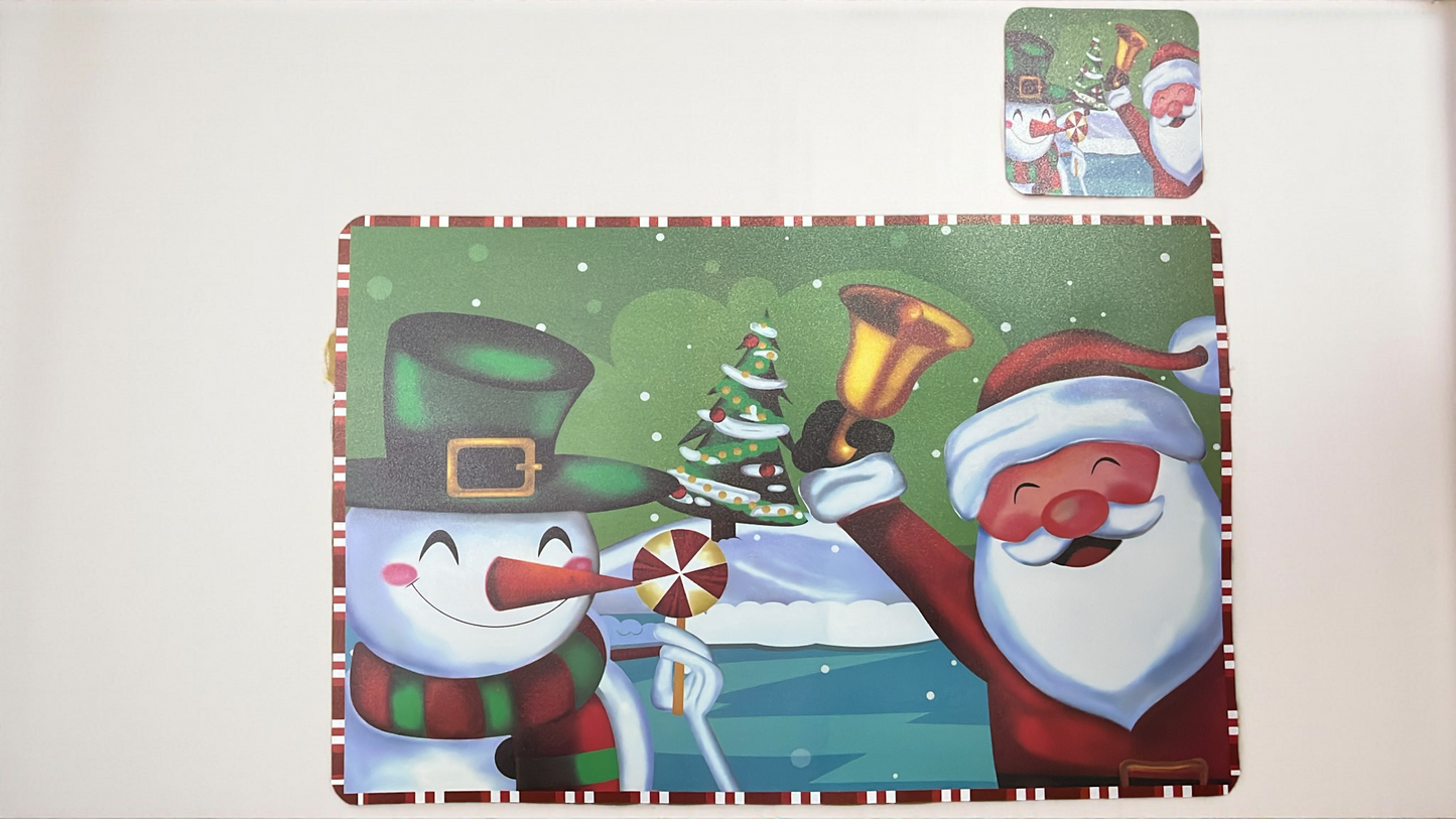 Set de individuales navideños para mesa, 6 posavasos 10cm y 6 zonas de plato 43cm x 28cm hechos en vinilo (I071)